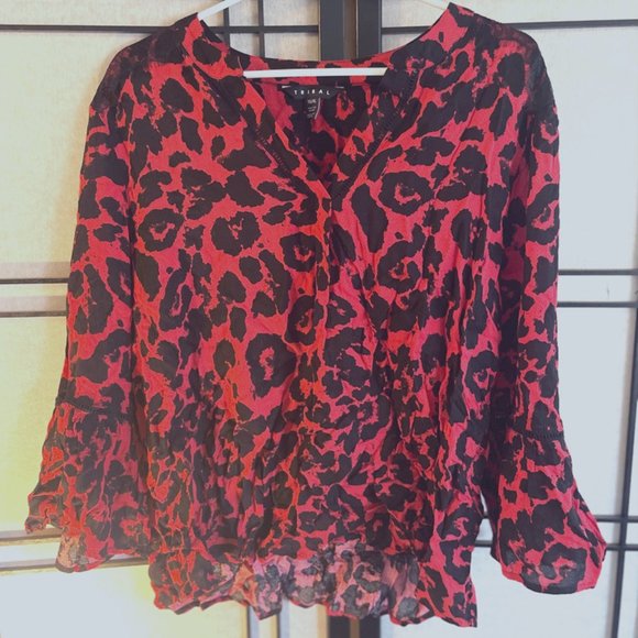 Soft Silk Brightly Colored Blouse or button-up shirt in red leopard print - Picture 1 of 3